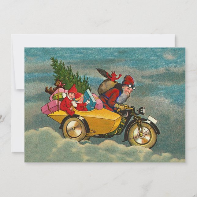 Carte Vintage Noël père Noël sur moto 7 x 5 (Devant)