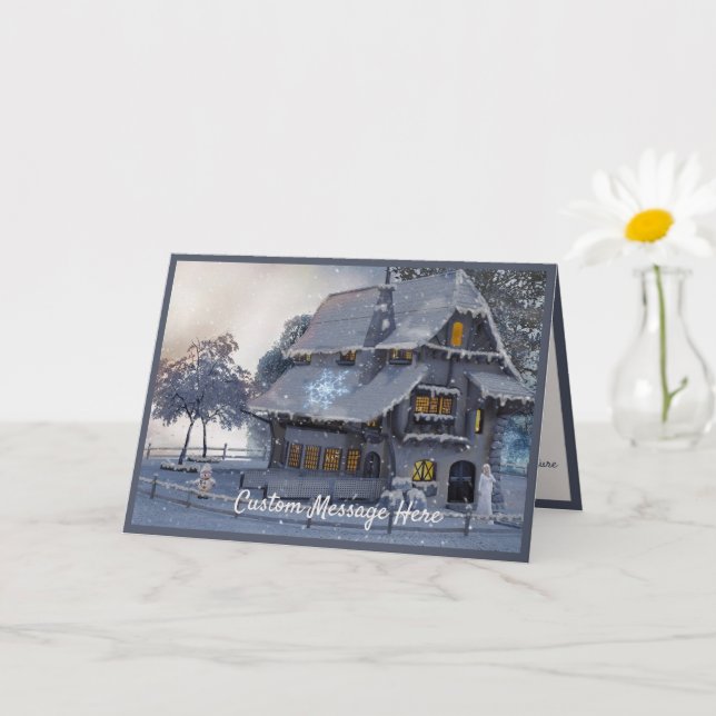 Carte Vintage Noël Scène Cottage Snowman (Petite plante)