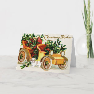 Carte Vintage Noël Wagon décoré avec un chou mignon
