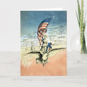 Carte Vintage patriotique, Dame, Aigle avec drapeau amér