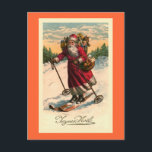 Carte Vintage "Père Noël on Skis"<br><div class="desc">Conçu par Susan Epps Oliver. Image vintage en français montrant le Père Noël sur skis. Il a l'air très heureux de skier sur une montagne avec une corbeille de fruits sur le bras et un sac de jouets sur le dos.</div>