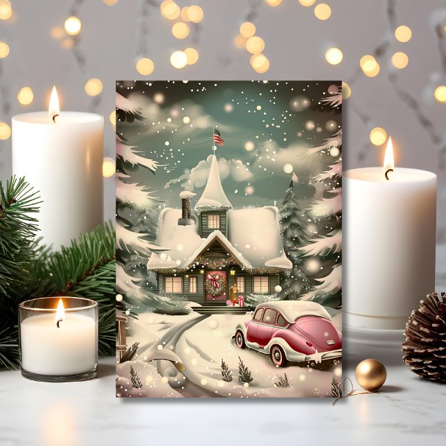 Carte Vintage Pink Car & Snowy Cottage Holiday (A vintage holiday scene with a pink car and cozy cottage charm)