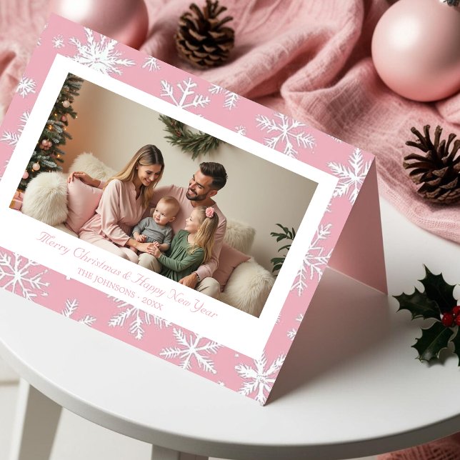 Carte Vintage Pink Snowflics photo de Noël (Vintage Pink Snowflakes Christmas photo Holiday Card)