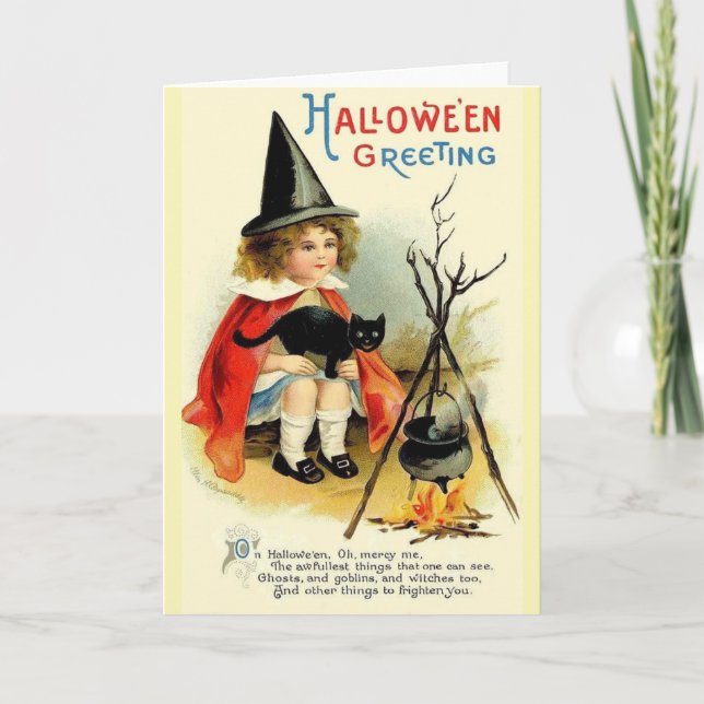 Carte vintage pour Halloween Little Witch et Chat  (Devant)