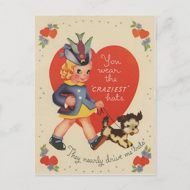 Carte vintage Retro Girl Walking Puppy Valentine