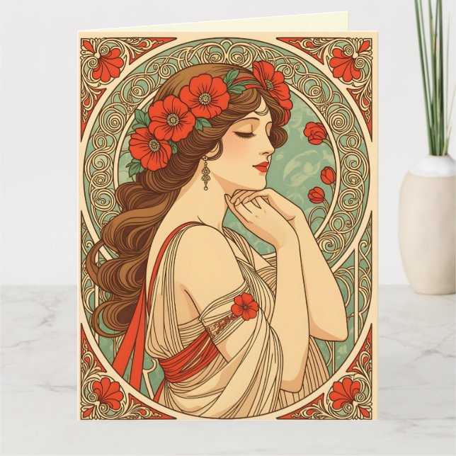 Carte vintage retro romantic woman with red flowers (Devant)