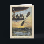 Carte Vintage - Robur le Conquérant (Jules Verne),<br><div class="desc">Illustration vintage tirée d'un roman de science-fiction de 1886 de Jules Verne intitulé "Robur le Conquérant" ou "Robur de Veroveraar". On l'a aussi appelé "Le Clipper des Nuages". L'illustration présente Robur, un inventeur brillant, et d'autres hommes debout sur une plate-forme en bois suspendue sous le ventre d'un zeppelin ou d'une...</div>