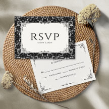 Carte vintage RSVP en dentelle noire et blanche