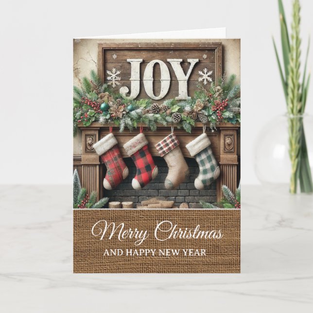 Carte Vintage Rustic Joy Fireplace Merry Christmas  (Devant)
