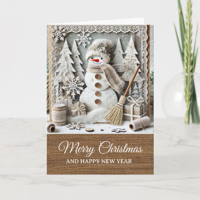 Carte Vintage Rustic Snowman Merry Christmas  (Devant)