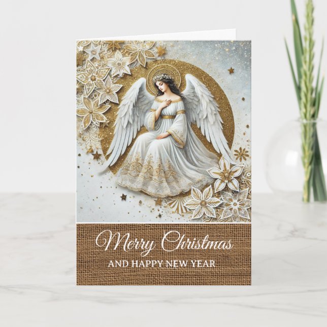 Carte Vintage Rustic White and Gold Angel Christmas  (Devant)