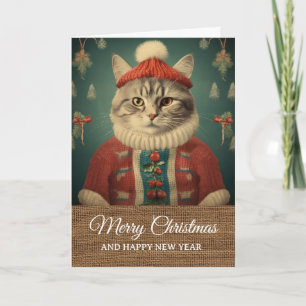 Carte Vintage rustique drôle de chat en costume de Noël 