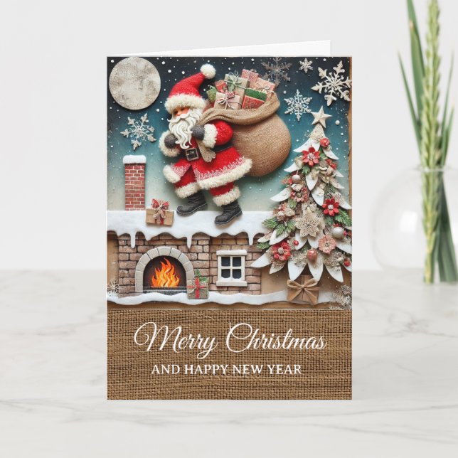 Carte Vintage Rustique Père Noël Cheminée Joyeux Noël  (Devant)
