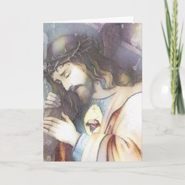 Carte Vintage Sacred Heart of Jesus carrying cross (Devant)