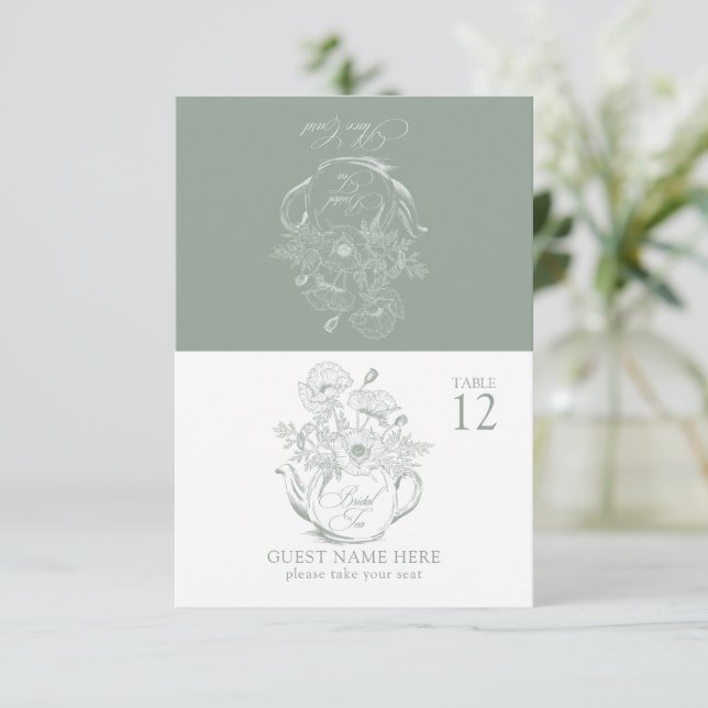 Carte vintage Sage Green Botanical Bridal Tea Plac (Debout devant)
