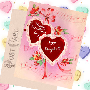Carte vintage Saint Valentin Coeurs rouges et musi