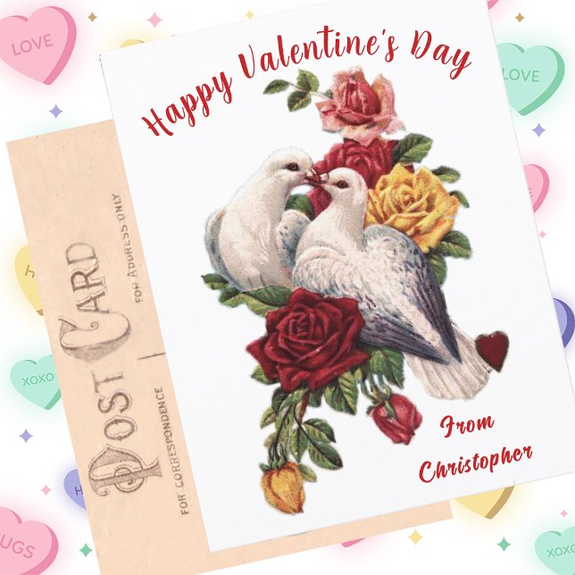 Carte vintage Saint Valentin Doves Florales Coeurs (Créateur téléchargé)