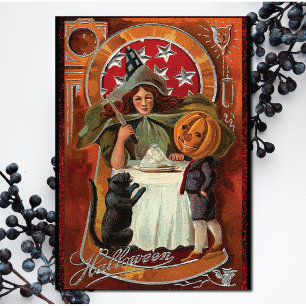 Carte Vintage sorcière d'Halloween couler sort avec bagu