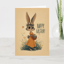 Vintage-Style Bunny in Orange Dress Easter Card