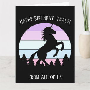 Carte Vintage Sunset Unicorn Nom de l'élevage Date Anniv