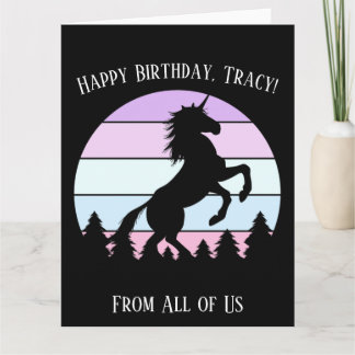 Carte Vintage Sunset Unicorn Nom de l'élevage Date Anniv