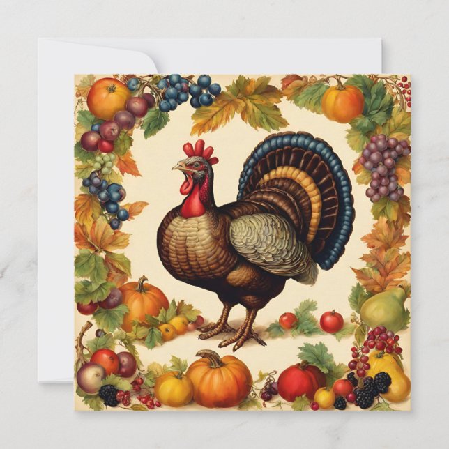 Carte Vintage Thanksgiving Turquie et récolte de fruits (Devant)