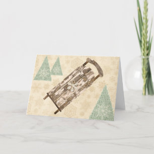 Carte Vintage traîneau à neige flocons arbres rustiques