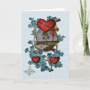 Carte vintage Valentine Red Hearts, Tree and Lake