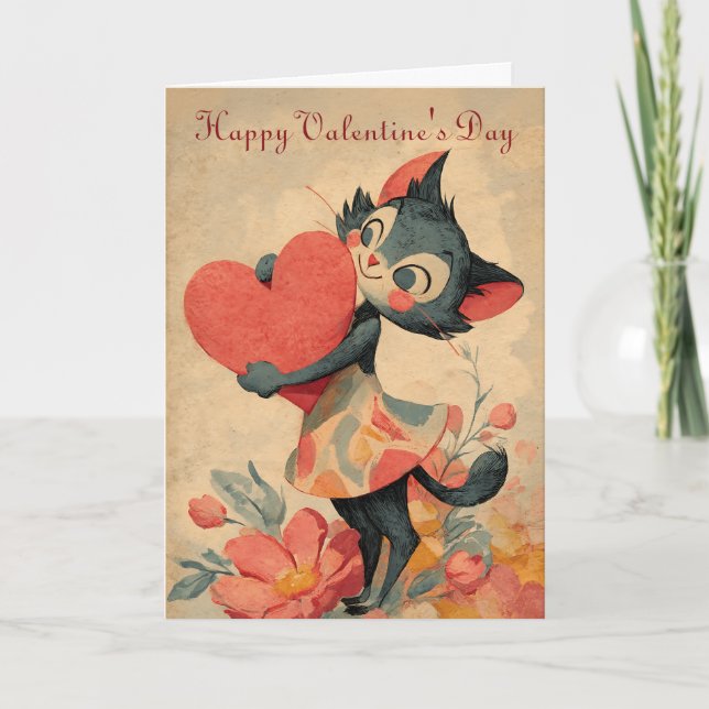Carte Vintage Valentine`s Day Cat With Heart (Devant)