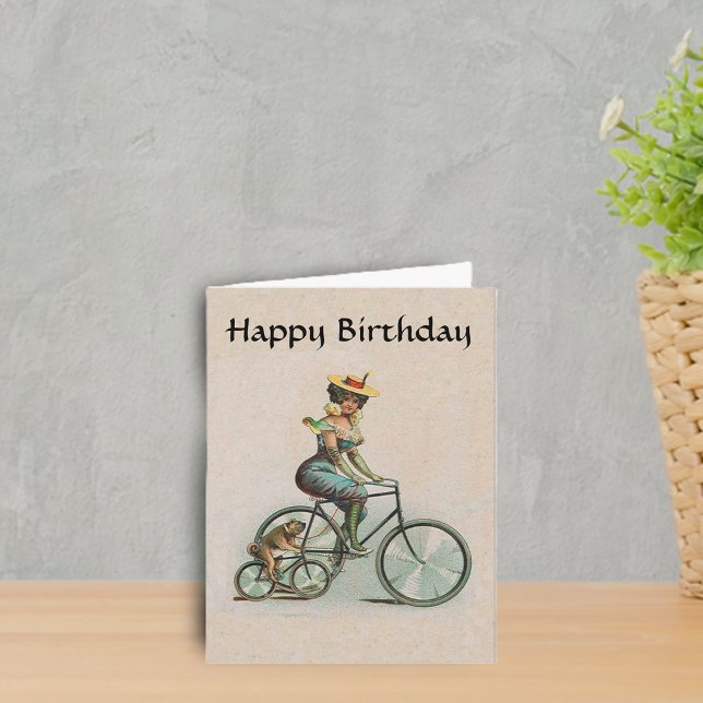 Carte Vintage Victorian Lady Chien Bicyclette Anniversai (Victorian lady fancy aqua outfit riding bicycle beside bulldog on bike on tan Birthday greeting card)