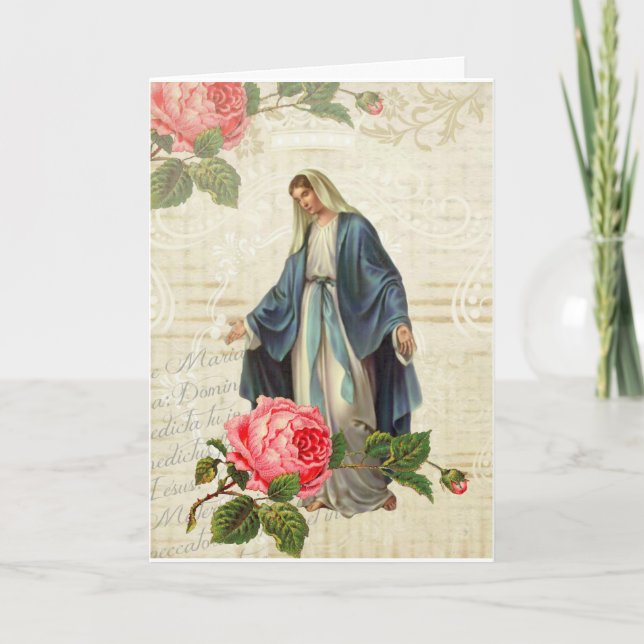 Carte Vintage Vierge Marie Jésus Roses religieux (Devant)