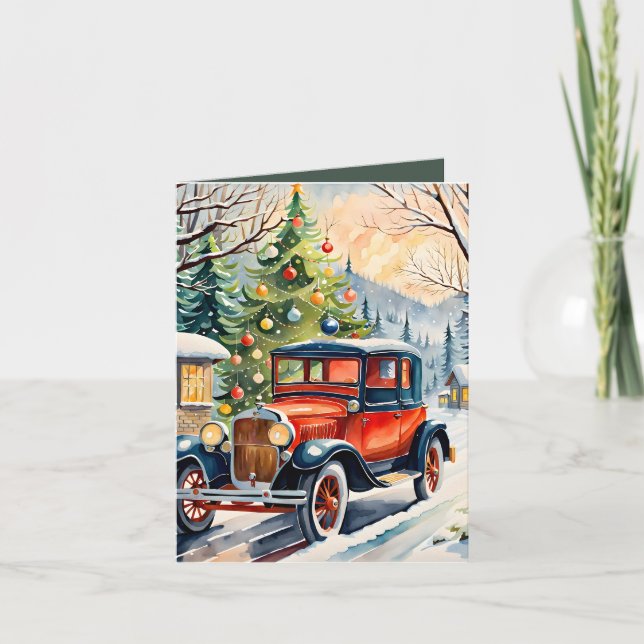 Carte Vintage Voiture Vintage Aquarelle et Recette Noël (Devant)