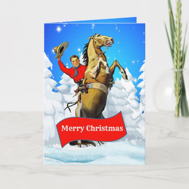 Carte Vintage Western Cowboy Élevage Cheval Joyeux Noël (Devant)