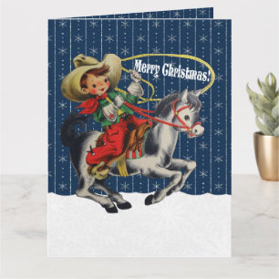 Carte Vintage Western Cowboy Kid Horse corde Noël