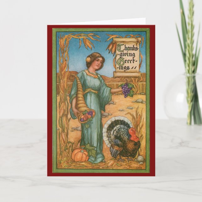 Carte Vintage Woman And Turkey Thanksgiving Card (Devant)