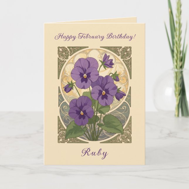 Carte Viola February Birthday Flowers Art Nouveau Style (Devant)