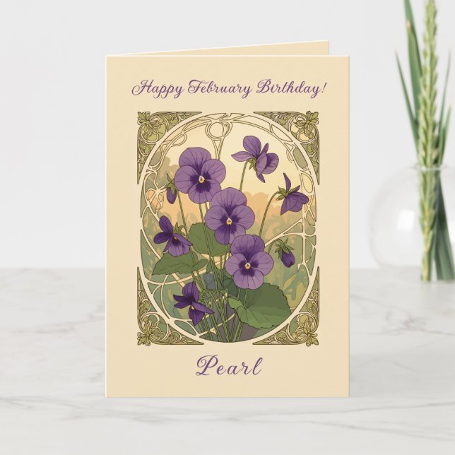 Carte Viola Flowers February Birthday Art Nouveau Style (Devant)