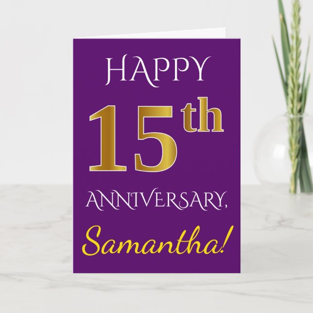 Carte Violet, Faux Or 15e Anniversaire de Mariage + Nom (Devant)