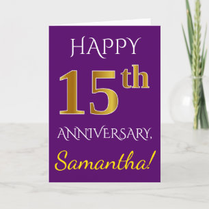 Carte Violet, Faux Or 15e Anniversaire de Mariage + Nom