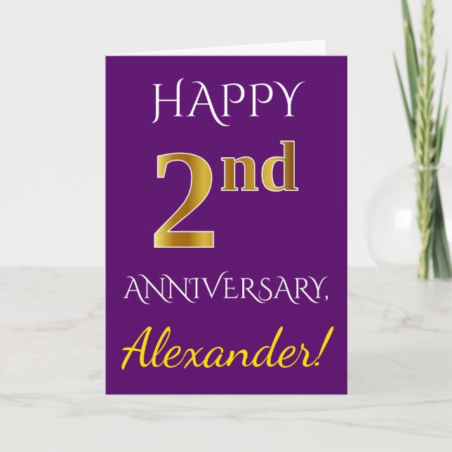 Carte Violet, Faux Or 2e Anniversaire de Mariage + Nom (Devant)