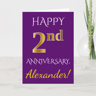 Carte Violet, Faux Or 2e Anniversaire de Mariage + Nom
