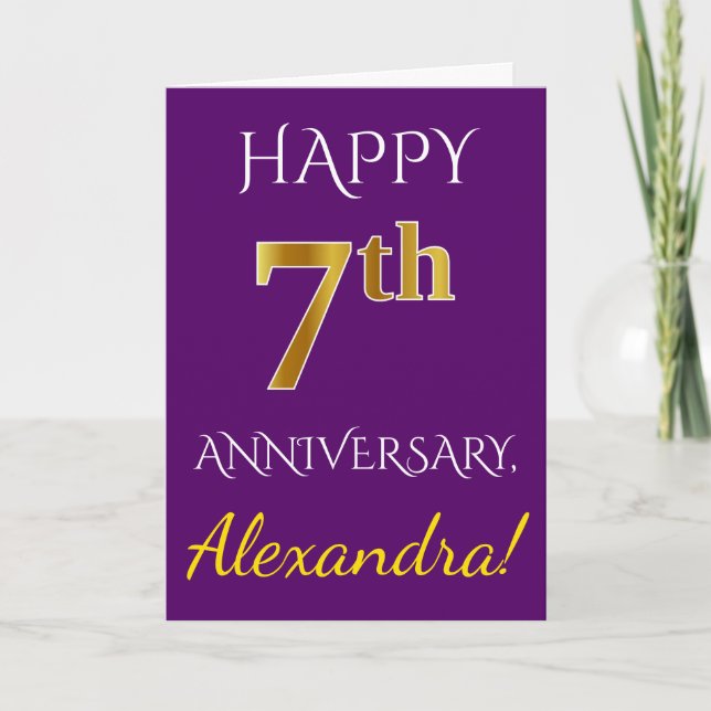 Carte Violet, Faux Or 7e Anniversaire De Mariage + Nom (Devant)