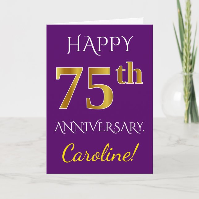 Carte Violet, Or Doré Faux 75e Anniversaire de Mariage + (Devant)