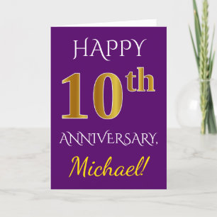 Carte Violet, Or Faux 10e Anniversaire de Mariage + Nom