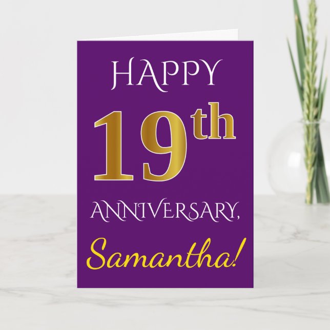 Carte Violet, Or Faux 19e Anniversaire de Mariage + Nom (Devant)