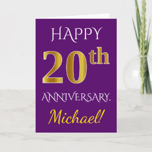 Carte Violet, Or Faux 20e Anniversaire de Mariage + Nom