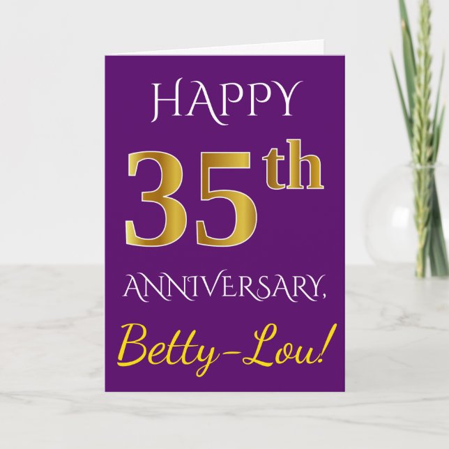 Carte Violet, Or Faux 35e Anniversaire de Mariage + Nom (Devant)