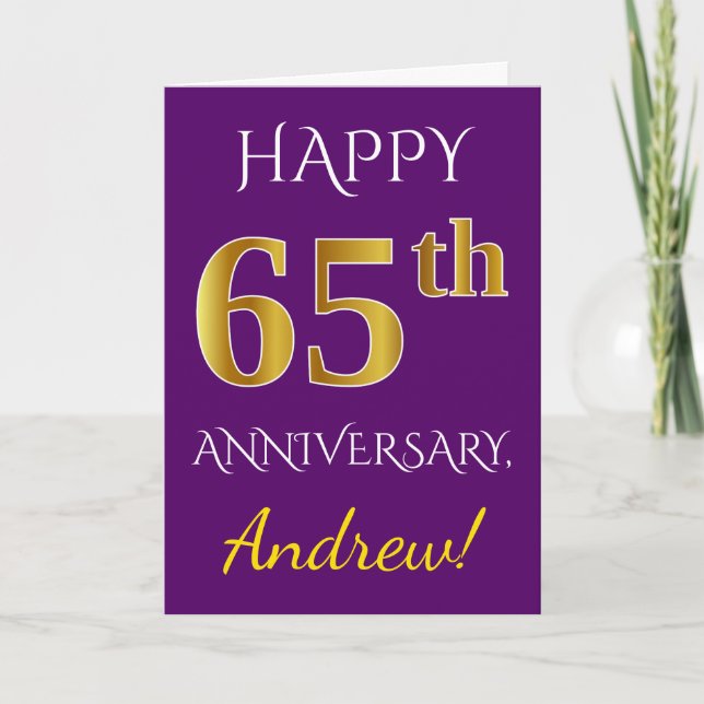 Carte Violet, Or Faux 65e Anniversaire de Mariage + Nom (Devant)