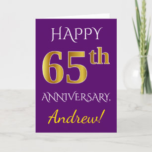 Carte Violet, Or Faux 65e Anniversaire de Mariage + Nom