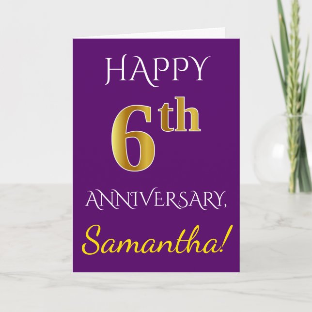 Carte Violet, Or Faux 6e Anniversaire de Mariage + Nom (Devant)
